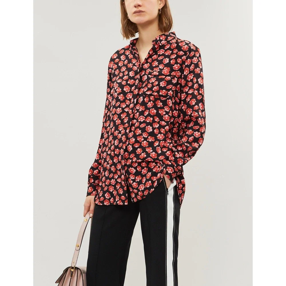 GANNI Floral-Print Button Down Shirt Red Pink Black Size 10 - Picture 1 of 16